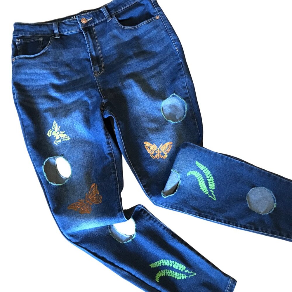 Upcycled Jeans with Cutouts, Painted Butterfly Funky Pants Junior Size 15
